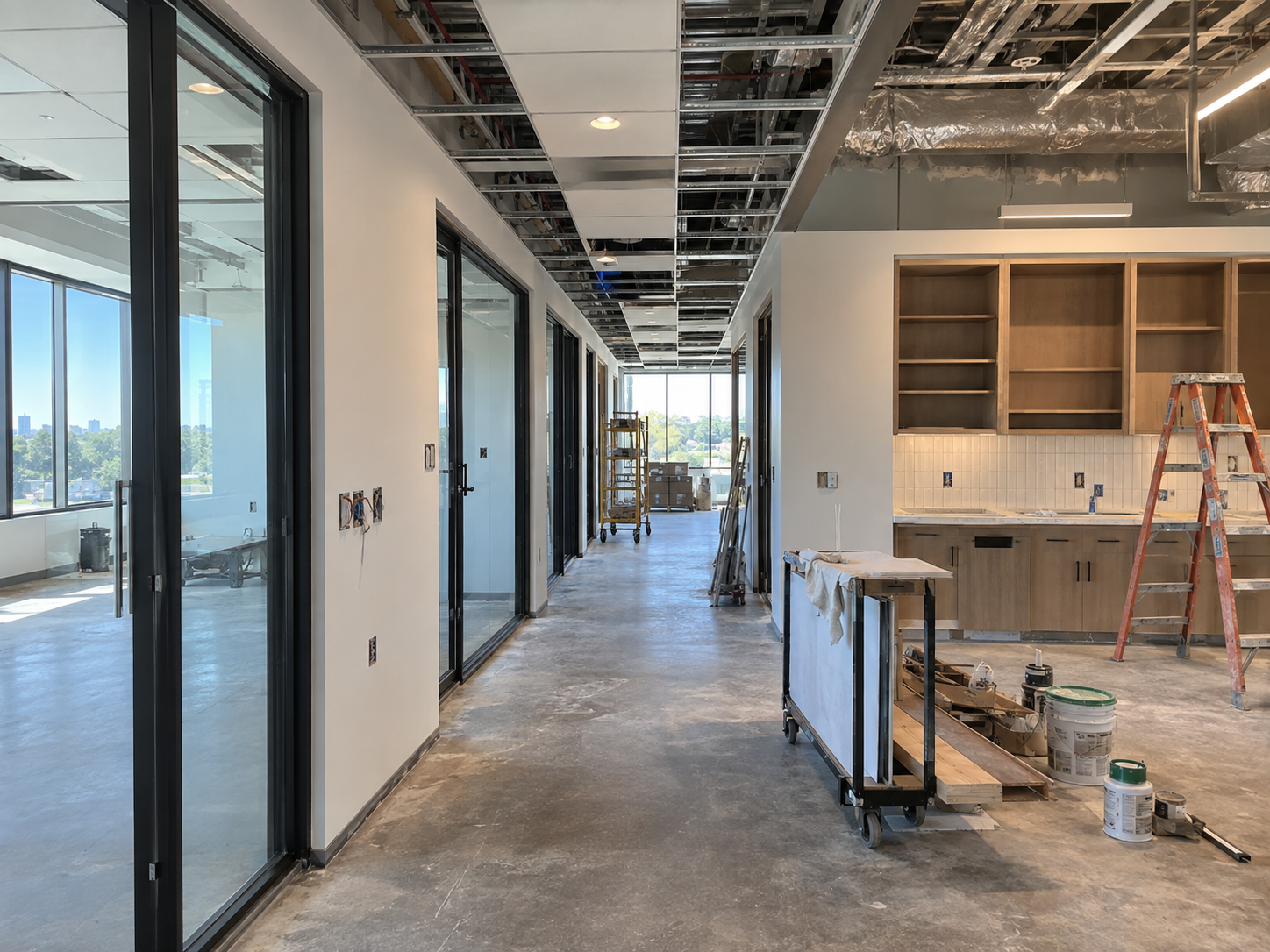Interior office build-out under construction with glass offices and finished millwork